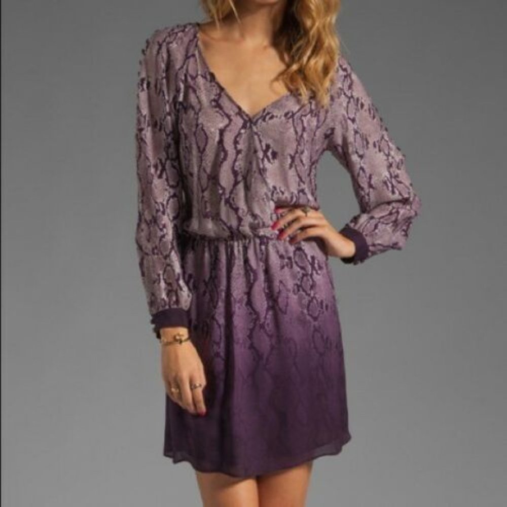 Parker Snake Print Purple Ombre Long Sleeve Faux Wrap Silk Dress Sz XS